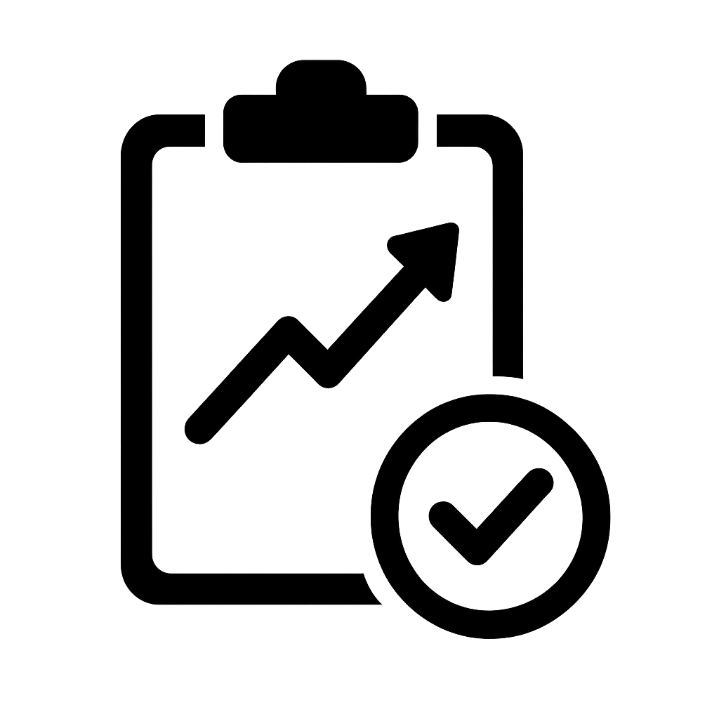 zwart pictogram met clipbord met omhooggaande lijn en rechtsonder een omringt vinkje-1